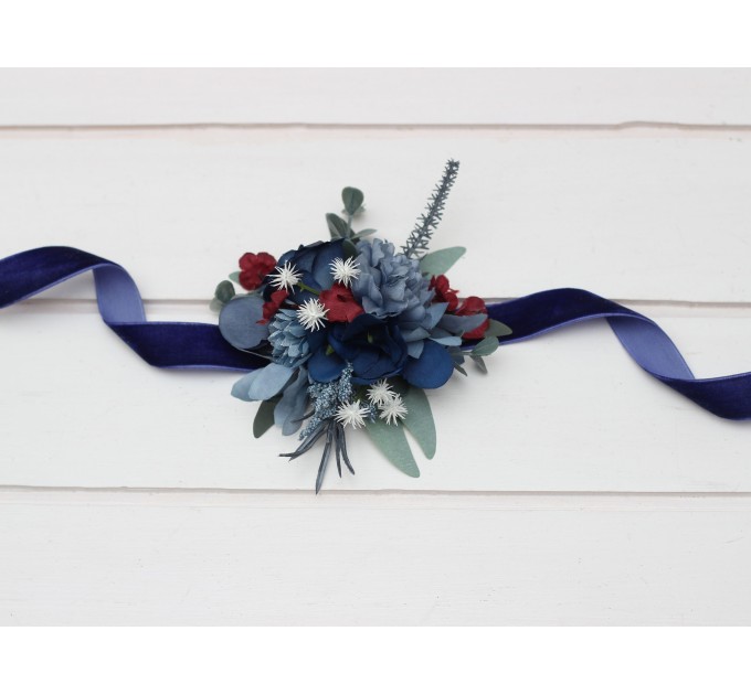  Wedding boutonnieres and wrist corsage  in navy blue dusty blue burgundy sage green color scheme. Flower accessories. 5332