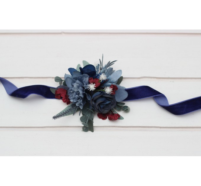  Wedding boutonnieres and wrist corsage  in navy blue dusty blue burgundy sage green color scheme. Flower accessories. 5332