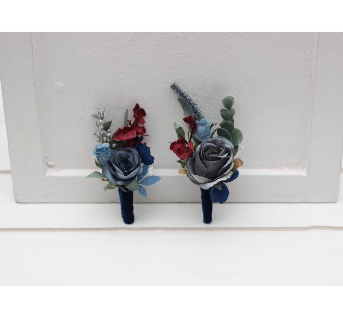  Wedding boutonnieres and wrist corsage  in navy blue dusty blue burgundy sage green color scheme. Flower accessories. 5332