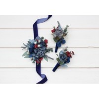  Wedding boutonnieres and wrist corsage  in navy blue dusty blue burgundy sage green color scheme. Flower accessories. 5332