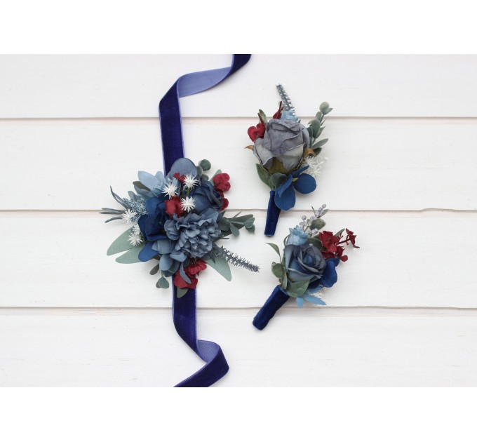  Wedding boutonnieres and wrist corsage  in navy blue dusty blue burgundy sage green color scheme. Flower accessories. 5332