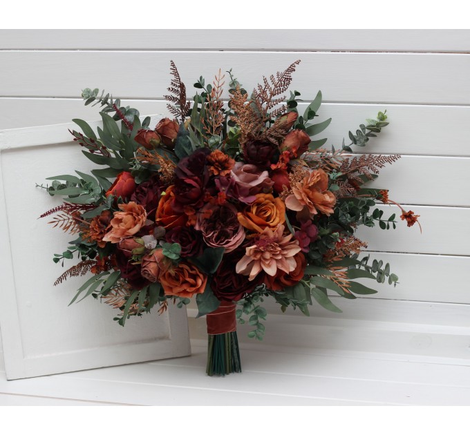 Bouquets in burgundy dusty rose terracotta rust color theme. Bridal bouquet. Faux bouquet. Bridesmaid bouquet. 5294