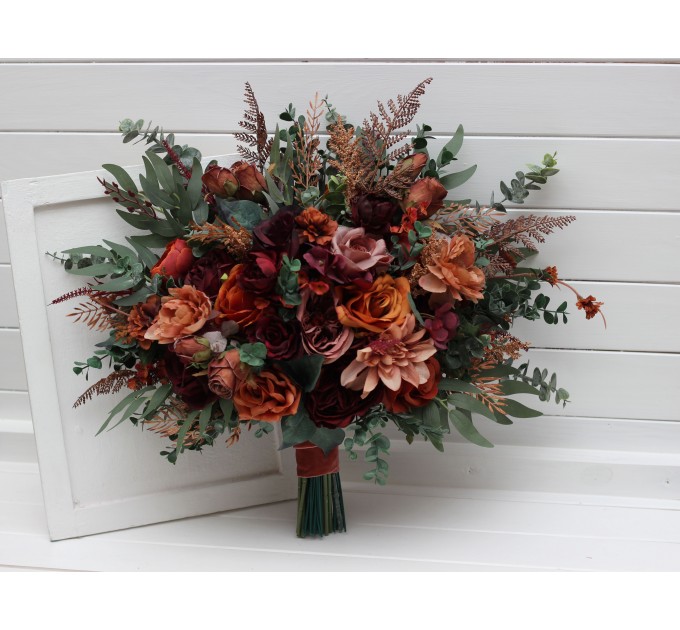 Bouquets in burgundy dusty rose terracotta rust color theme. Bridal bouquet. Faux bouquet. Bridesmaid bouquet. 5294