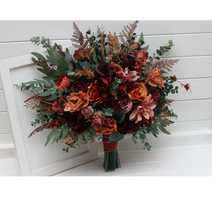 Bouquets in burgundy dusty rose terracotta rust color theme. Bridal bouquet. Faux bouquet. Bridesmaid bouquet. 5294