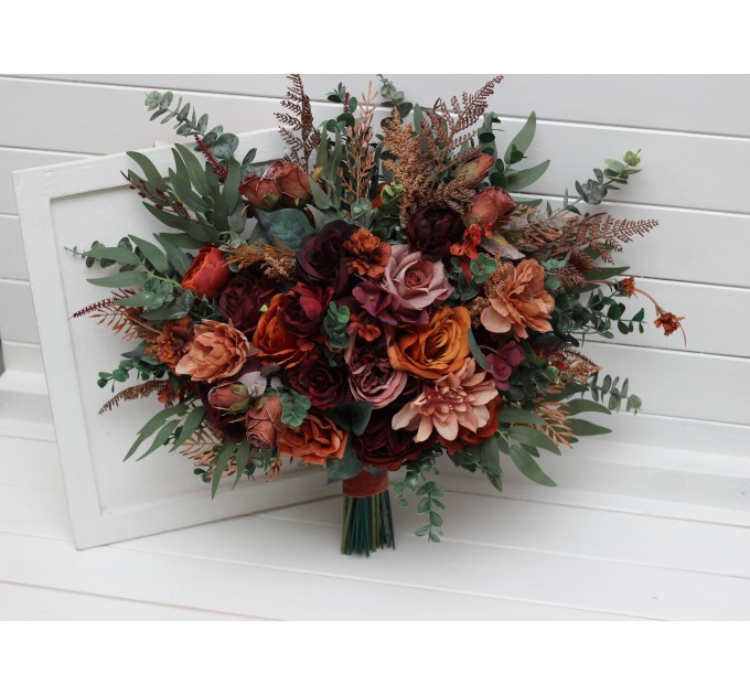 Bouquets in burgundy dusty rose terracotta rust color theme. Bridal bouquet. Faux bouquet. Bridesmaid bouquet. 5294