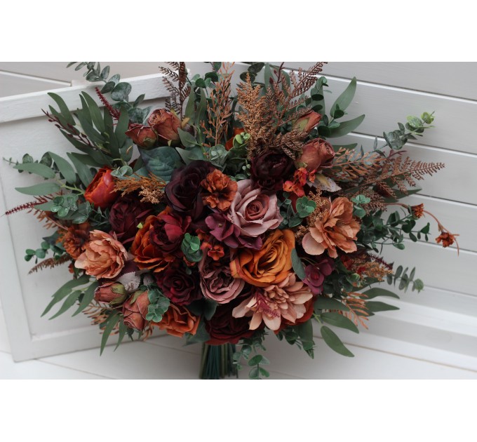 Bouquets in burgundy dusty rose terracotta rust color theme. Bridal bouquet. Faux bouquet. Bridesmaid bouquet. 5294