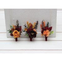 Wedding boutonnieres and wrist corsage  in rust burgundy cinnamon orange color theme. Flower accessories. 0033