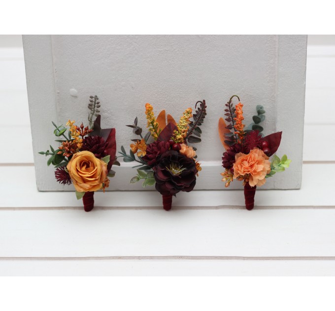 Wedding boutonnieres and wrist corsage  in rust burgundy cinnamon orange color theme. Flower accessories. 0033