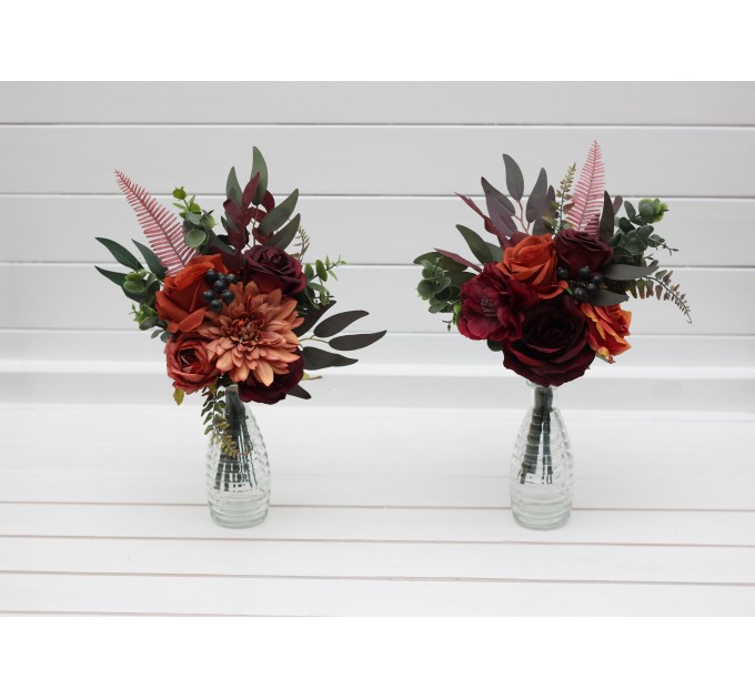 Mini bouquets for vases in red burgundy orange color scheme. Flowers for wedding decor. Table flowers. Centerpiece. 5077