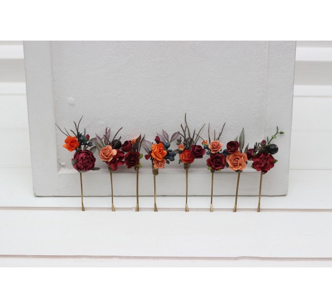  Set of  8 bobby pins in burgundy peach blue color scheme. Hair accessories. Flower accessories for wedding.  5077