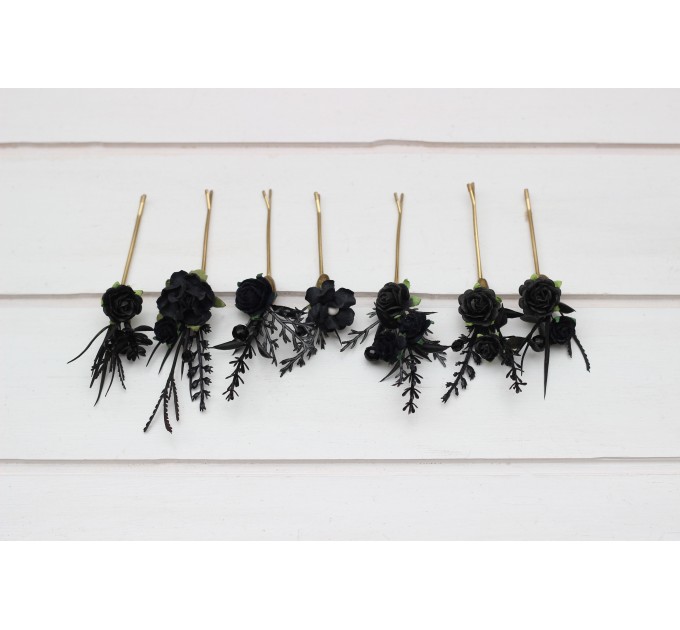  Set of 7 black hair pins. Flower hair pins. Hair accessories. Flower accessories for wedding.  Bridesmaid gift.  Halloween wedding. Gothic wedding. 5336