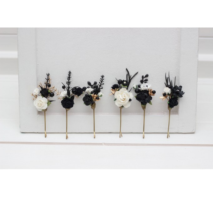  Set of 6 hair pins in black white gold color scheme. Flower hair pins. Hair accessories. Flower accessories for wedding.  Bridesmaid gift.  5283-b-1