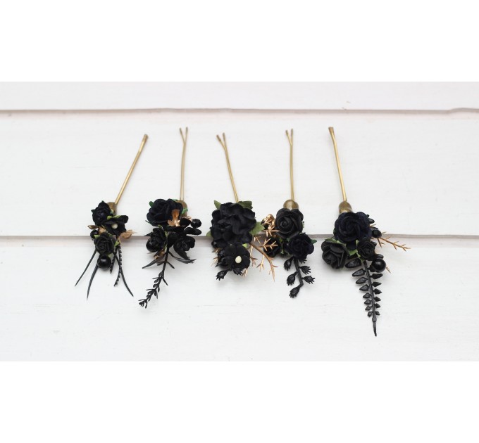  Set of 5 hair pins in  black gold color scheme. Flower hair pins. Hair accessories. Flower accessories for wedding.  Bridesmaid gift.  5283-b-2