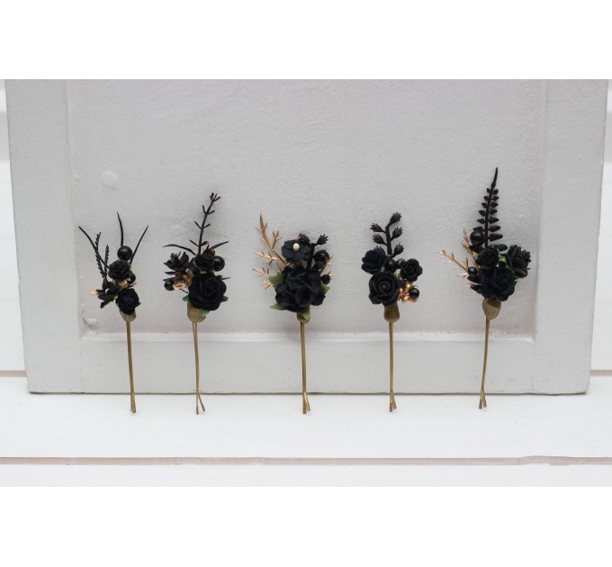  Set of 5 hair pins in  black gold color scheme. Flower hair pins. Hair accessories. Flower accessories for wedding.  Bridesmaid gift.  5283-b-2