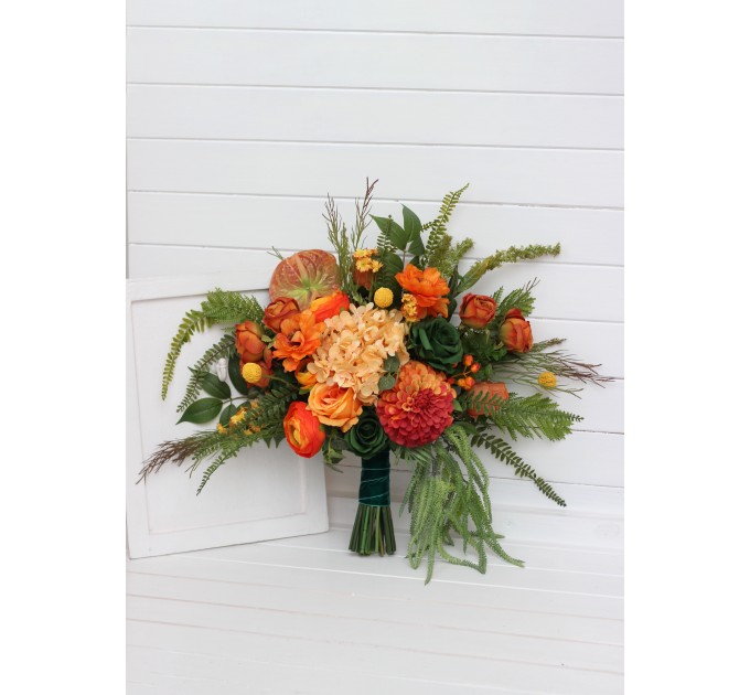 Bouquets in orange green color theme. Bridal bouquet. Faux bouquet. Bridesmaid bouquet. 5337