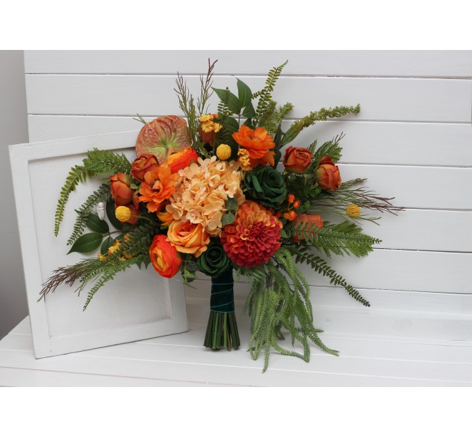 Bouquets in orange green color theme. Bridal bouquet. Faux bouquet. Bridesmaid bouquet. 5337