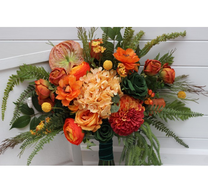 Bouquets in orange green color theme. Bridal bouquet. Faux bouquet. Bridesmaid bouquet. 5337