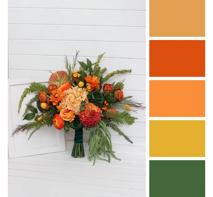 Bouquets in orange green color theme. Bridal bouquet. Faux bouquet. Bridesmaid bouquet. 5337