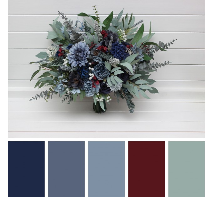 Bouquets in navy blue dusty blue burgundy sage greencolor theme. Bridal bouquet. Faux bouquet. Bridesmaid bouquet. 5332