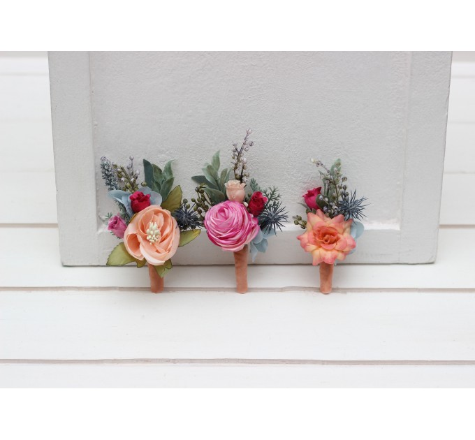 Wedding boutonnieres and wrist corsage in magenta peach coral dusty blue color scheme. Flower accessories. 5286