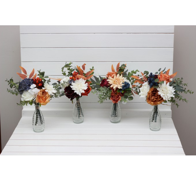 Mini bouquets for vases in rust navy blue ivory color scheme. Flowers for wedding decor. Table flowers. Centerpiece. 0007