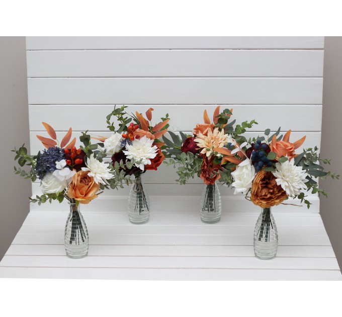 Mini bouquets for vases in rust navy blue ivory color scheme. Flowers for wedding decor. Table flowers. Centerpiece. 0007