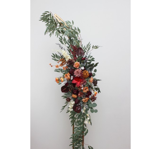  Flower arch arrangement in burgundy burnt orange colors.  Arbor flowers. Floral archway. Faux flowers for wedding arch. 5160