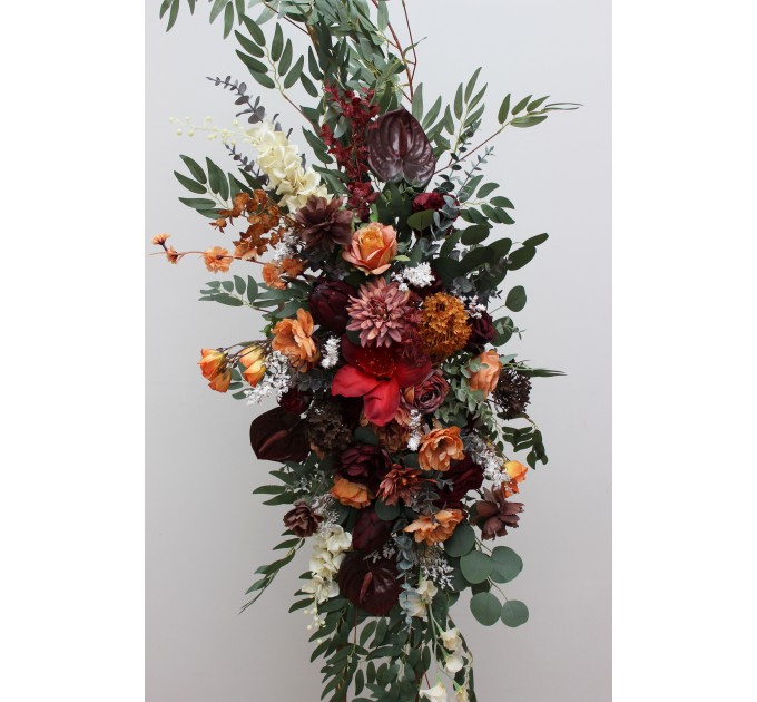  Flower arch arrangement in burgundy burnt orange colors.  Arbor flowers. Floral archway. Faux flowers for wedding arch. 5160