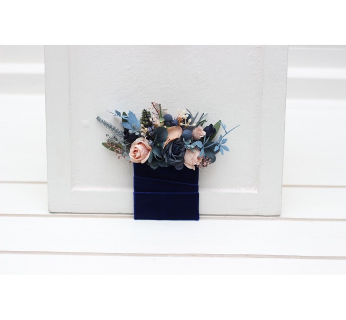 Pocket boutonniere in navy blue dusty rose color scheme. Flower accessories. Pocket flowers. Square flowers. 5245