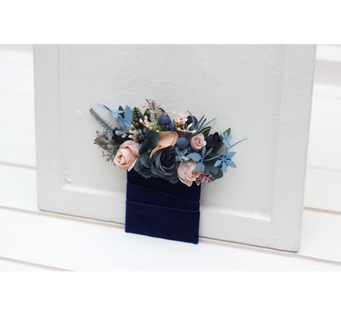 Pocket boutonniere in navy blue dusty rose color scheme. Flower accessories. Pocket flowers. Square flowers. 5245