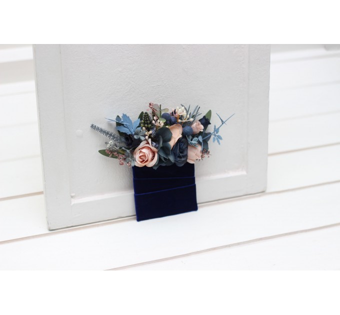 Pocket boutonniere in navy blue dusty rose color scheme. Flower accessories. Pocket flowers. Square flowers. 5245