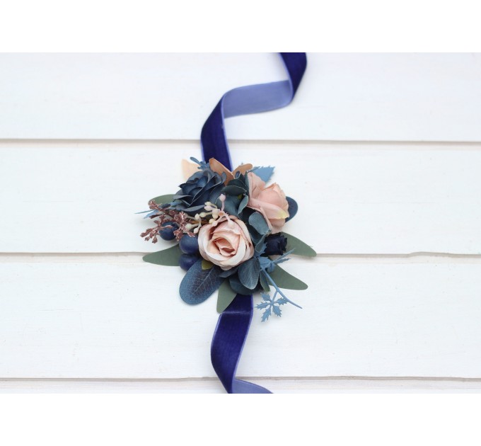  Wedding boutonnieres and wrist corsage  in navy blue dusty rose color scheme. Flower accessories. 5245