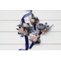  Wedding boutonnieres and wrist corsage  in navy blue dusty rose color scheme. Flower accessories. 5245