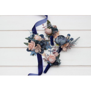  Wedding boutonnieres and wrist corsage  in navy blue dusty rose color scheme. Flower accessories. 5245