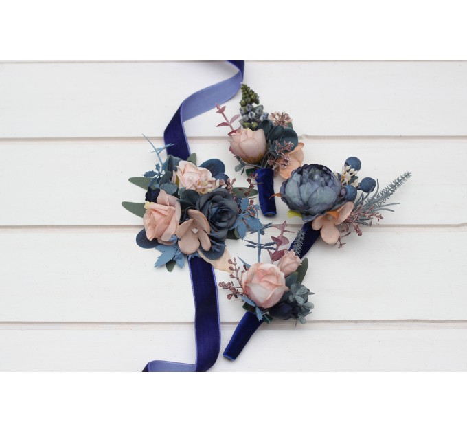  Wedding boutonnieres and wrist corsage  in navy blue dusty rose color scheme. Flower accessories. 5245