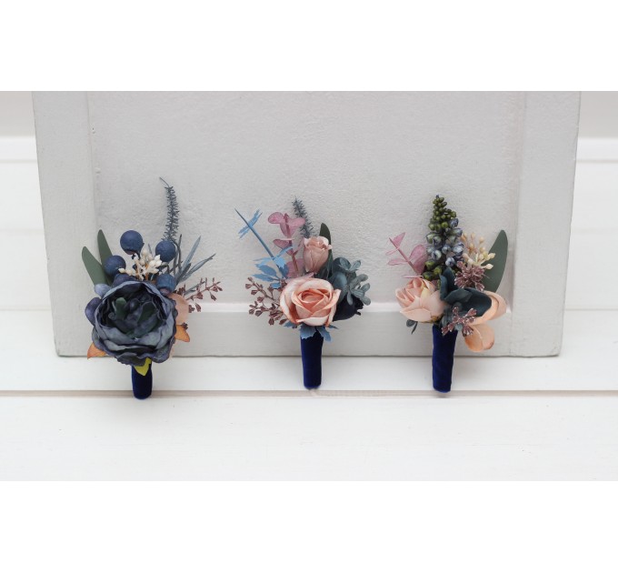  Wedding boutonnieres and wrist corsage  in navy blue dusty rose color scheme. Flower accessories. 5245