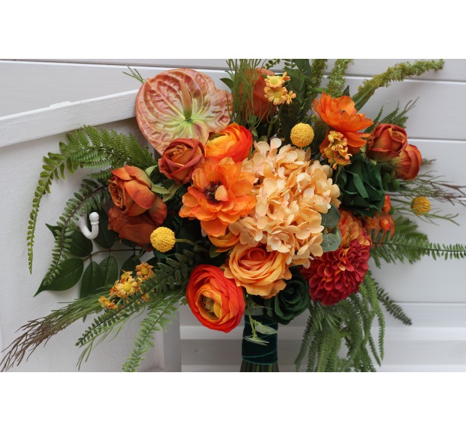 Bouquets in orange green color theme. Bridal bouquet. Faux bouquet. Bridesmaid bouquet. 5337