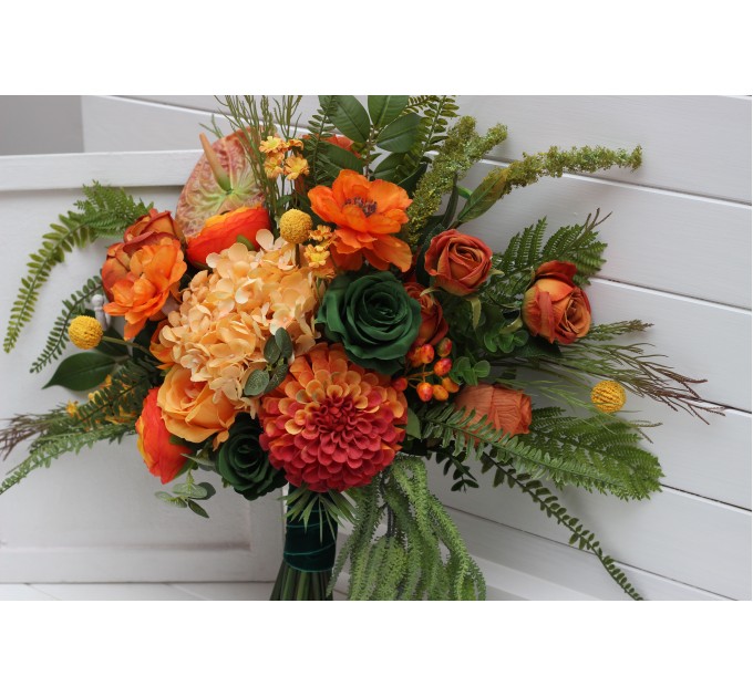 Bouquets in orange green color theme. Bridal bouquet. Faux bouquet. Bridesmaid bouquet. 5337