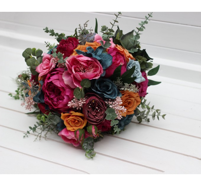 Jewel-tone wedding. Emerald green orange magenta teal flowers. Bridal bouquet. Faux bouquet. Bridesmaid bouquet. Wedding flowers. 5187