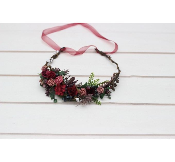 Burgundy dusty rose flower crown. Hair wreath. Flower girl crown. Wedding flowers. 5341