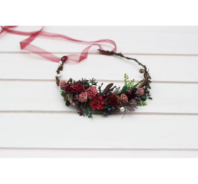 Burgundy dusty rose flower crown. Hair wreath. Flower girl crown. Wedding flowers. 5341