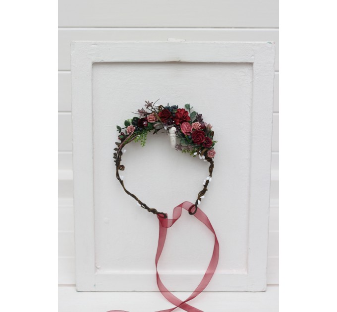 Burgundy dusty rose flower crown. Hair wreath. Flower girl crown. Wedding flowers. 5341