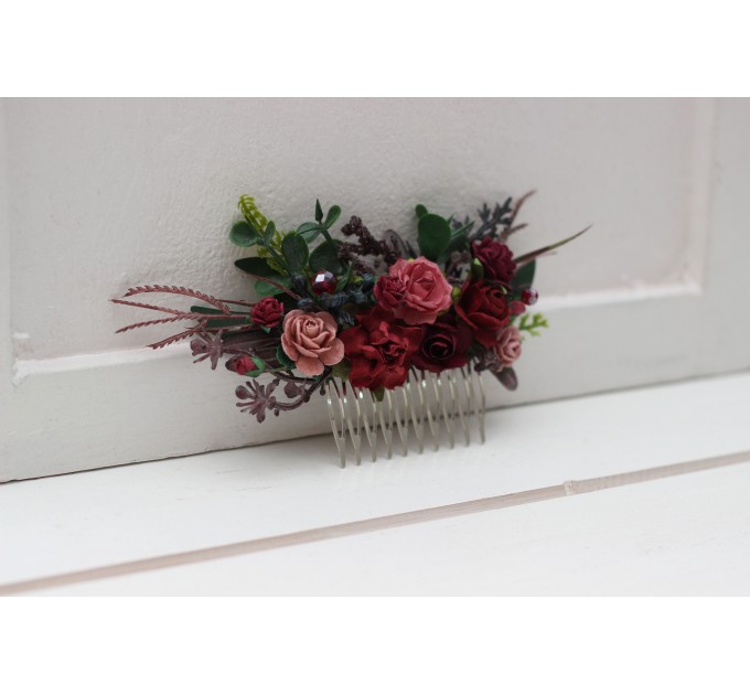 Flower comb in burgundy dusty rose color scheme. Wedding accessories for hair. Bridal flower comb. Bridesmaid floral comb. 5341