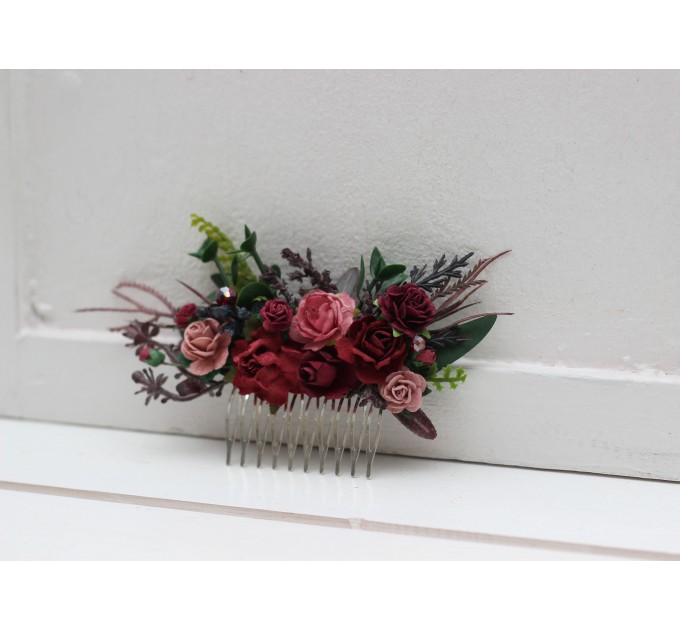 Flower comb in burgundy dusty rose color scheme. Wedding accessories for hair. Bridal flower comb. Bridesmaid floral comb. 5341