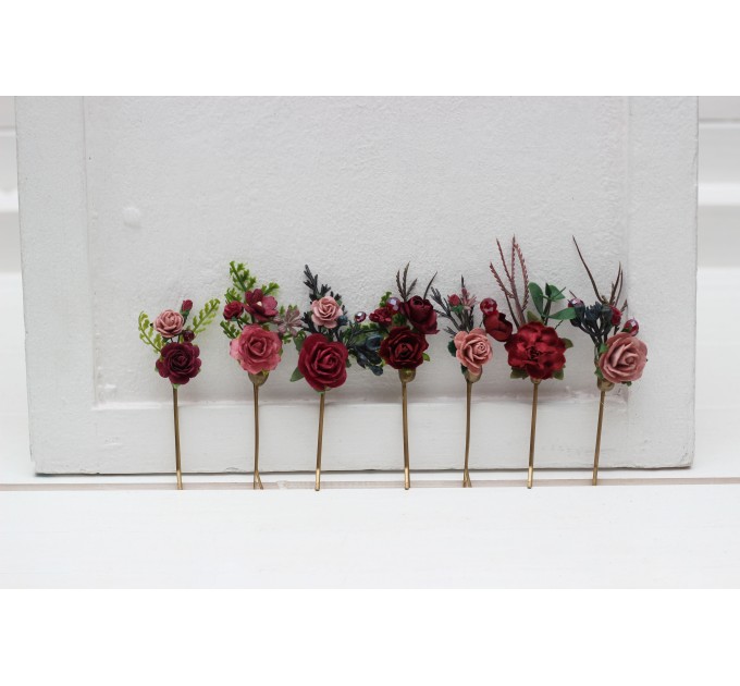  Set of 7 bobby pins in burgundy dusty rose color scheme. Flower hair pins. Hair accessories. Flower accessories for wedding.  Bridesmaid gift.  5341