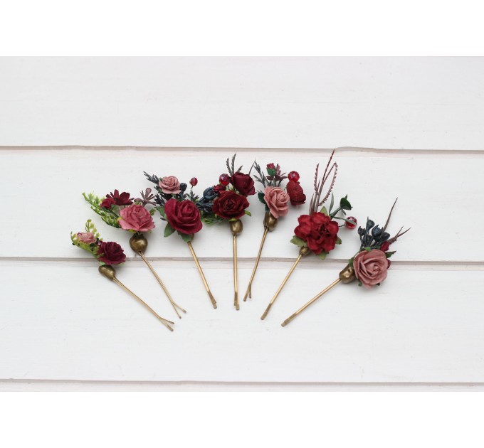  Set of 7 bobby pins in burgundy dusty rose color scheme. Flower hair pins. Hair accessories. Flower accessories for wedding.  Bridesmaid gift.  5341