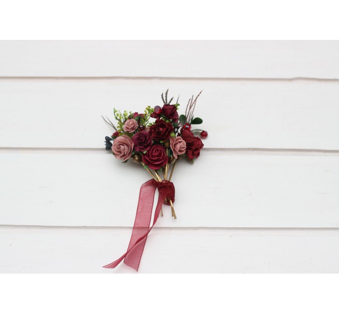  Set of 7 bobby pins in burgundy dusty rose color scheme. Flower hair pins. Hair accessories. Flower accessories for wedding.  Bridesmaid gift.  5341