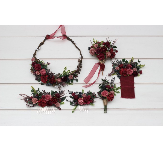 Burgundy dusty rose flower crown. Hair wreath. Flower girl crown. Wedding flowers. 5341