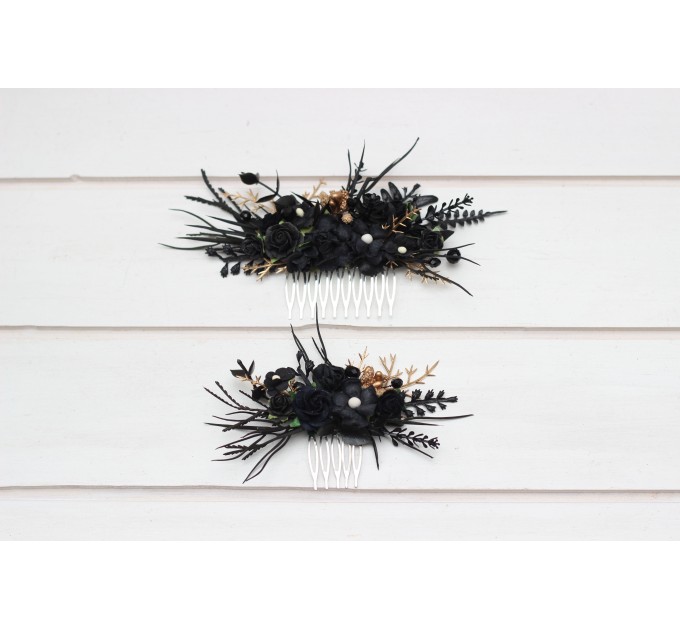 Flower comb in black gold color scheme. Wedding accessories for hair. Bridal flower comb. Bridesmaid floral comb. 5283