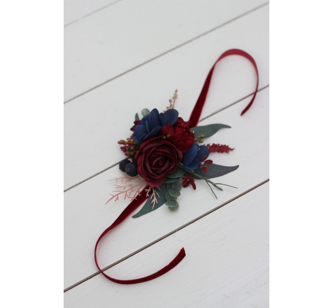  Wedding wrist corsage  in burgundy navy blue color scheme. Flower accessories. 0020 EU UK